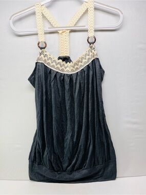 Love Culture Black Tank Top with‎ Cream Crochet Trim